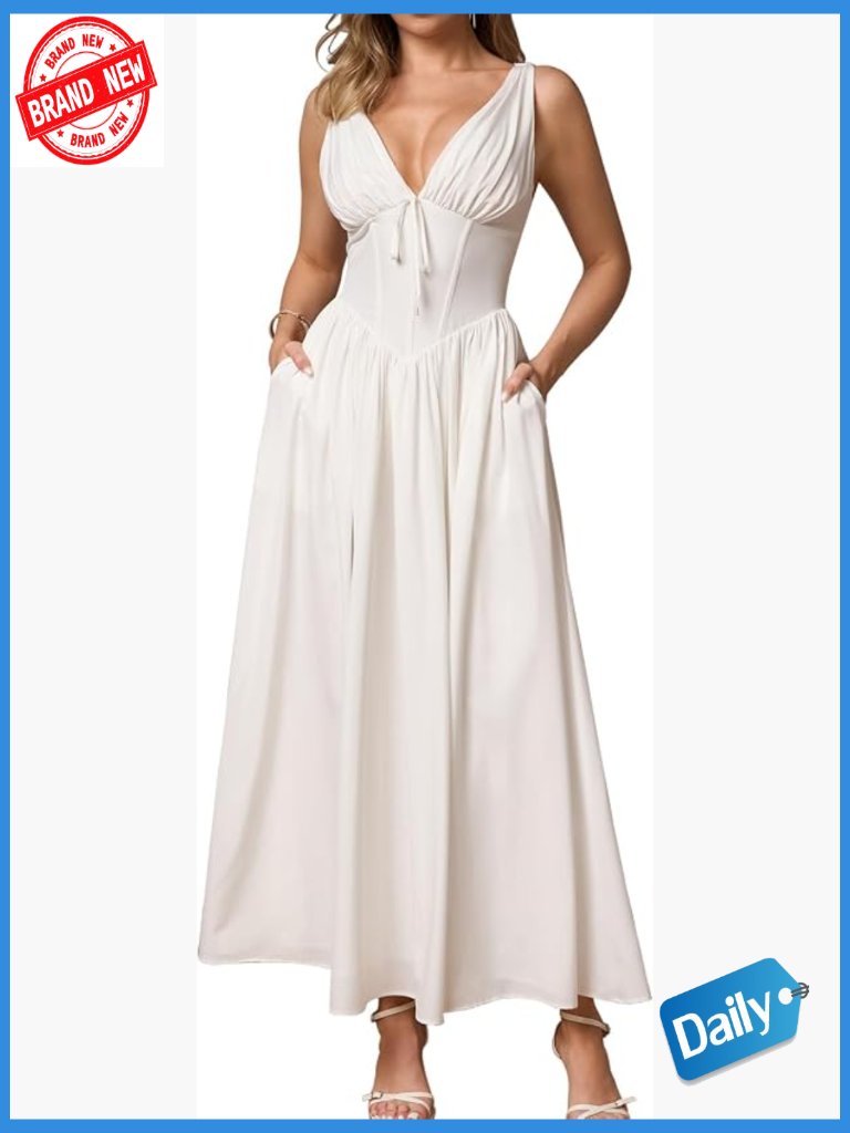 Women's Summer Corset Midi Dress V Neck A Line Sundress With Pockets